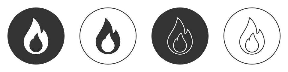 Black Fire flame icon isolated on white background. Circle button. Vector Stock Illustration