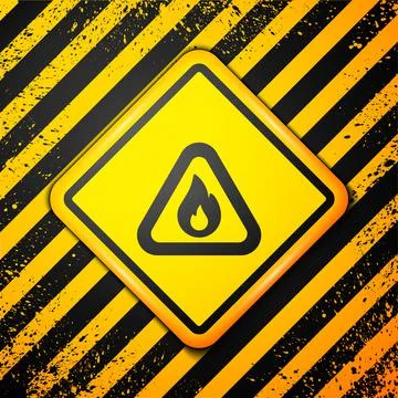 Black Fire flame in triangle icon isolated on yellow background. Warning sign of Stock Illustration
