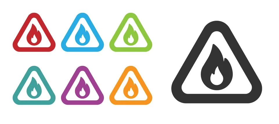 Black Fire flame in triangle icon isolated on white background. Warning sign of Stock Illustration