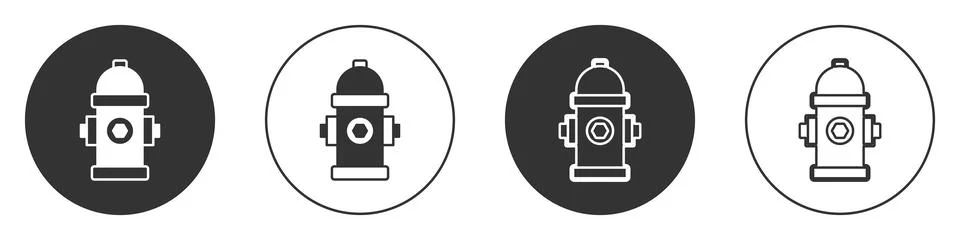 Black Fire hydrant icon isolated on white background. Circle button. Vector Illustrazione stock