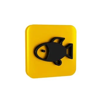 Black Fish icon isolated on transparent background. Yellow square button. Stock Illustration