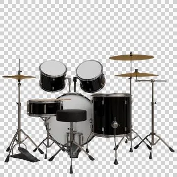 A black five-piece drum kit with cymbals, hi-hat, bass drum pedal Stock Photos