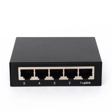 Black five port network switch plain front Stock Photos