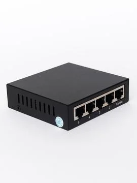 Black five port network switch angled variant Stock Photos