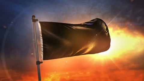 Black Flag Backlit At Beautiful Sunrise Loop Slow Motion 3D Rendering 4K Stock Footage 76922904