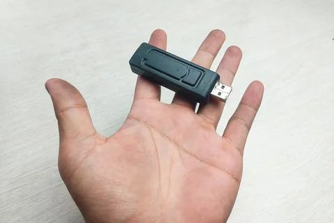 Black flash disk in the palm of a hand on a white background Stock Photos
