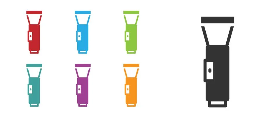 Black Flashlight icon isolated on white background. Set icons colorful. Vector Stock Illustration
