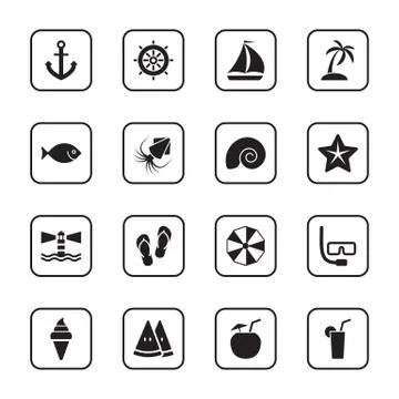 Black flat beach and summer icon set with rounded rectangle frame Stock Illustration