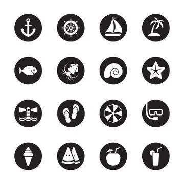 Black flat beach and summer icon set on circle Stock Illustration