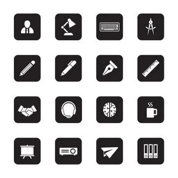 Black flat business and office icon set on rounded rectangle Stock Illustration