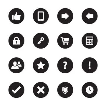 Black flat computer and miscellaneous icon set on circle Stock Illustration