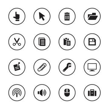 Black flat computer and technology icon set with circle frame Stock Illustration