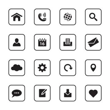 Black flat computer and technology icon set with rounded rectangle frame Stock Illustration