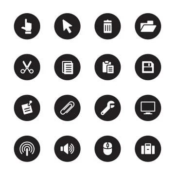 Black flat computer and technology icon set on circle イラスト素材