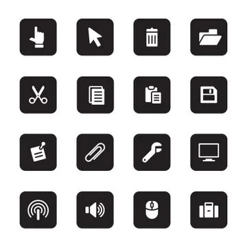 Black flat computer and technology icon set on rounded rectangle Stock-Illustration