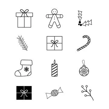 Black flat icons set on a white background with gifts and holiday cheer. Merr Stock Illustration