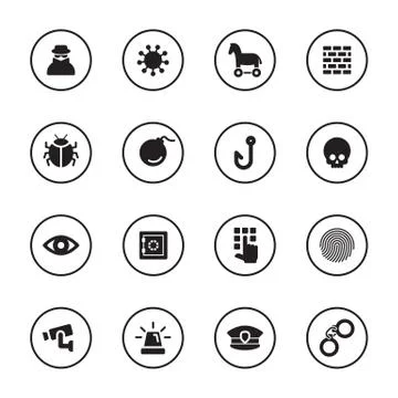Black flat security icon set with circle frame Illustrazione stock
