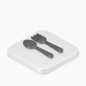 Black flat spoon and fork icon. 3d rendering square button key isometric view Stock Illustration