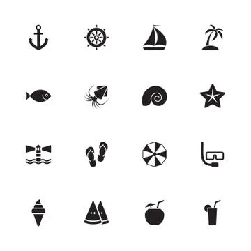 Black flat summer icon set with circle frame Stock-Illustration