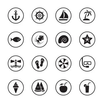 Black flat summer icon set with circle frame Stock Illustration
