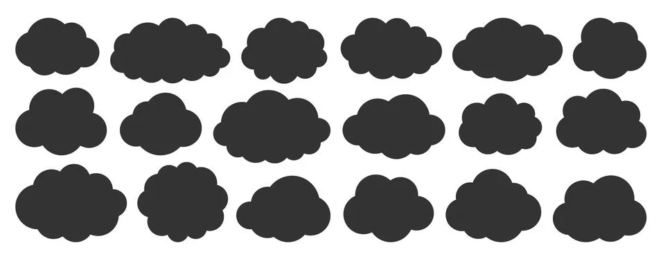 Black flat vector cloud set isolated on white Stock Illustration