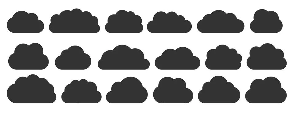 Black flat vector cloud set isolated on white Stock Illustration