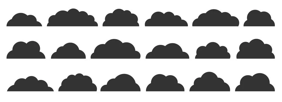 Black flat vector cloud set isolated on white Stock Illustration
