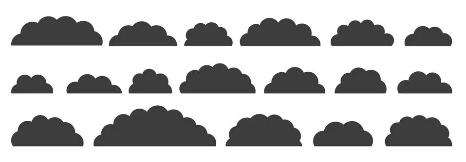 Black flat vector cloud set isolated on white Stock Illustration