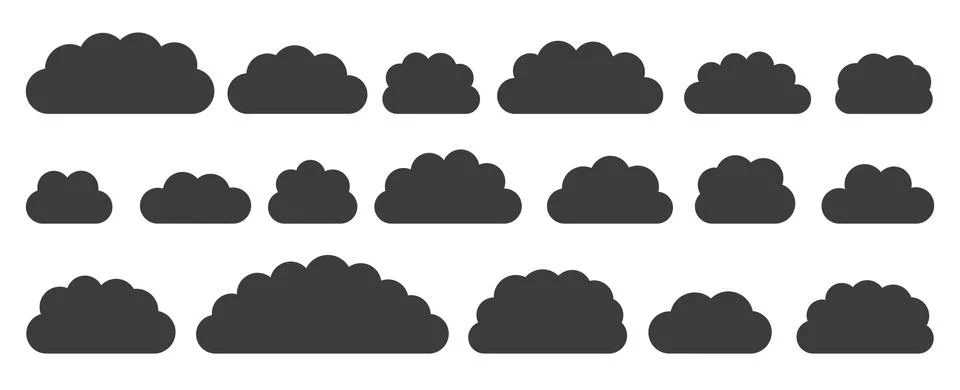 Black flat vector cloud set isolated on white 스톡 일러스트