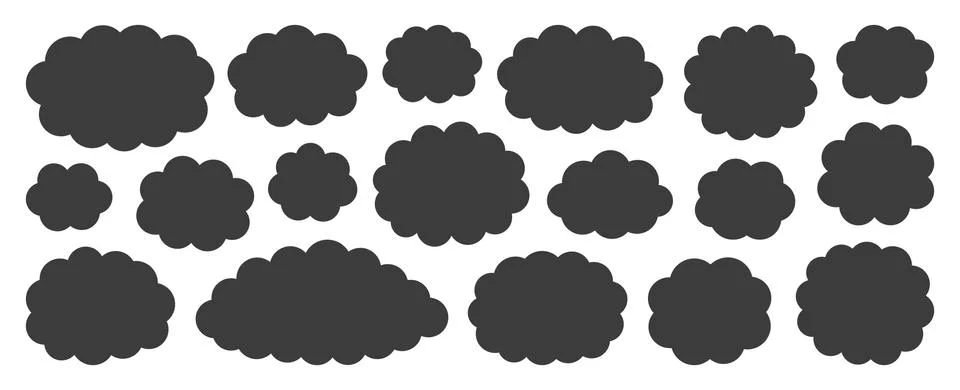 Black flat vector cloud set isolated on white Stock Illustration