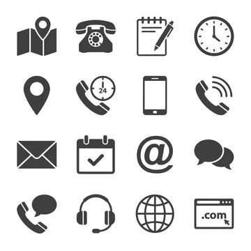 Black flat vector icons for contact methods, phone, map, email, calendar, c.. Stock Illustration