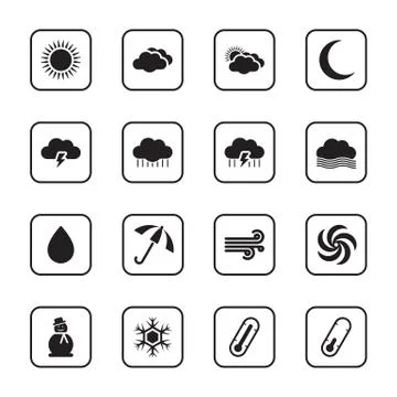 Black flat weather icon set with rounded rectangle frame Stock Illustration