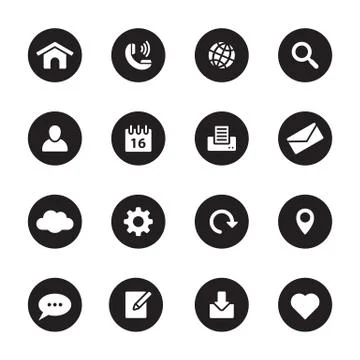 Black flat web and technology icon set on circle Stock Illustration