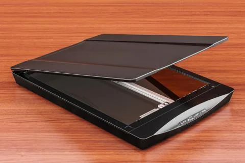 Black flatbed scanner, 3D rendering isolated on the wooden table. 3D renderin Stock Illustration