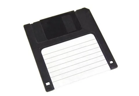 Black floppy disk with blank label isolated on a white background Foto stock