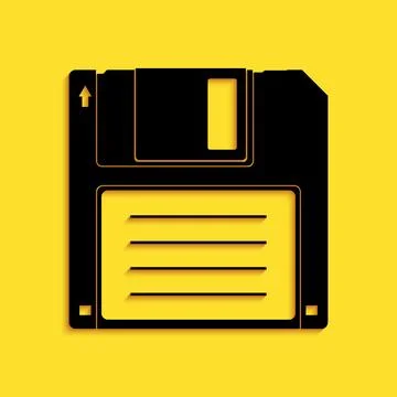 Black Floppy disk for computer data storage icon isolated on yellow background Stock Illustration