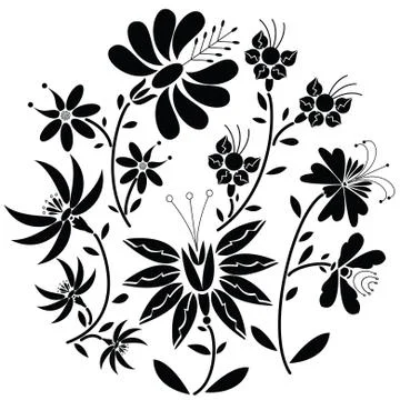Black Floral folk pattern in circle shape on white background Stock Illustration