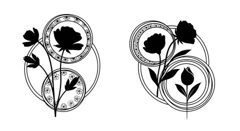 Black floral icons with circular patterns Stockillustratie