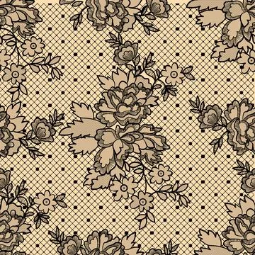Black floral lace seamless pattern and dotted net design on beige background Stock Illustration
