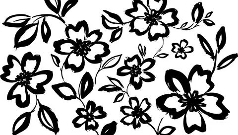 Black Floral Pattern, Hand Drawn Flowers and Leaves, White Background Stock Illustration
