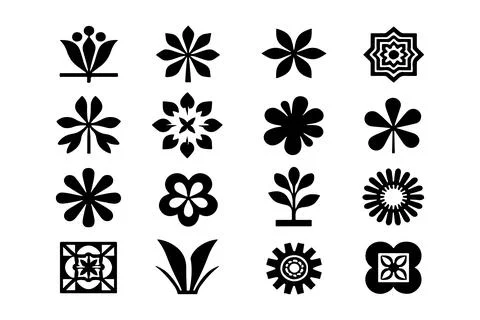 Black flower vector set, abstract floral silhouette art Stock Illustration
