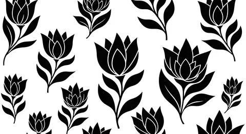 Black flowers and leaves pattern Stock Illustration