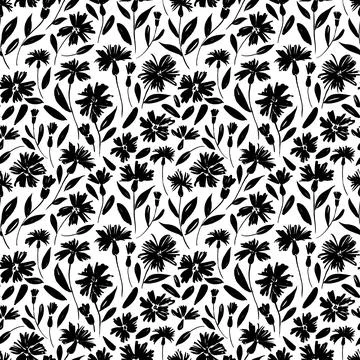 Black flowers with stems vector seamless pattern. Stock Illustration