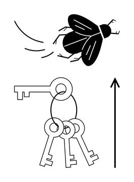 Black Fly with Flight Path and Three Hanging Retro Keys on Ring with Upward.. Stock Illustration