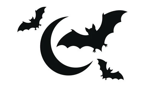 Black Flying Bat with Crescent Moon Night Design Stock Illustration
