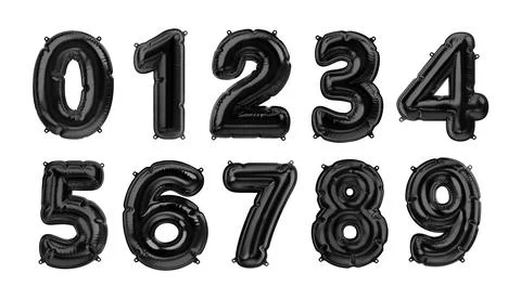 Black foil baloons set. 3D render Illustrazione stock