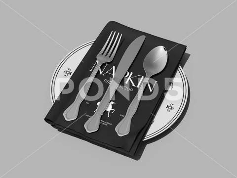 Black Folded Napkin Mockup with Silver Cutlery on White Ceramic Plate PSD Template