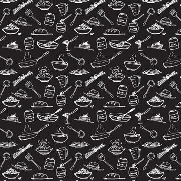 Black food background. Seamless pattern. Collection of kitchen elements. Draw Stock Illustration
