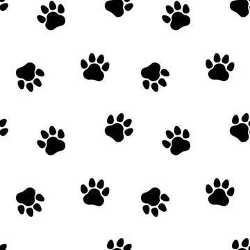 Black footprints on seamless pattern. Cat, dog, pet, animal paw print. Vector Illustrazione stock