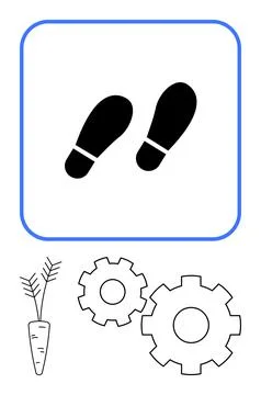 Black footsteps in blue-bordered square, carrot and two gears below. Ideal fo Stock Illustration